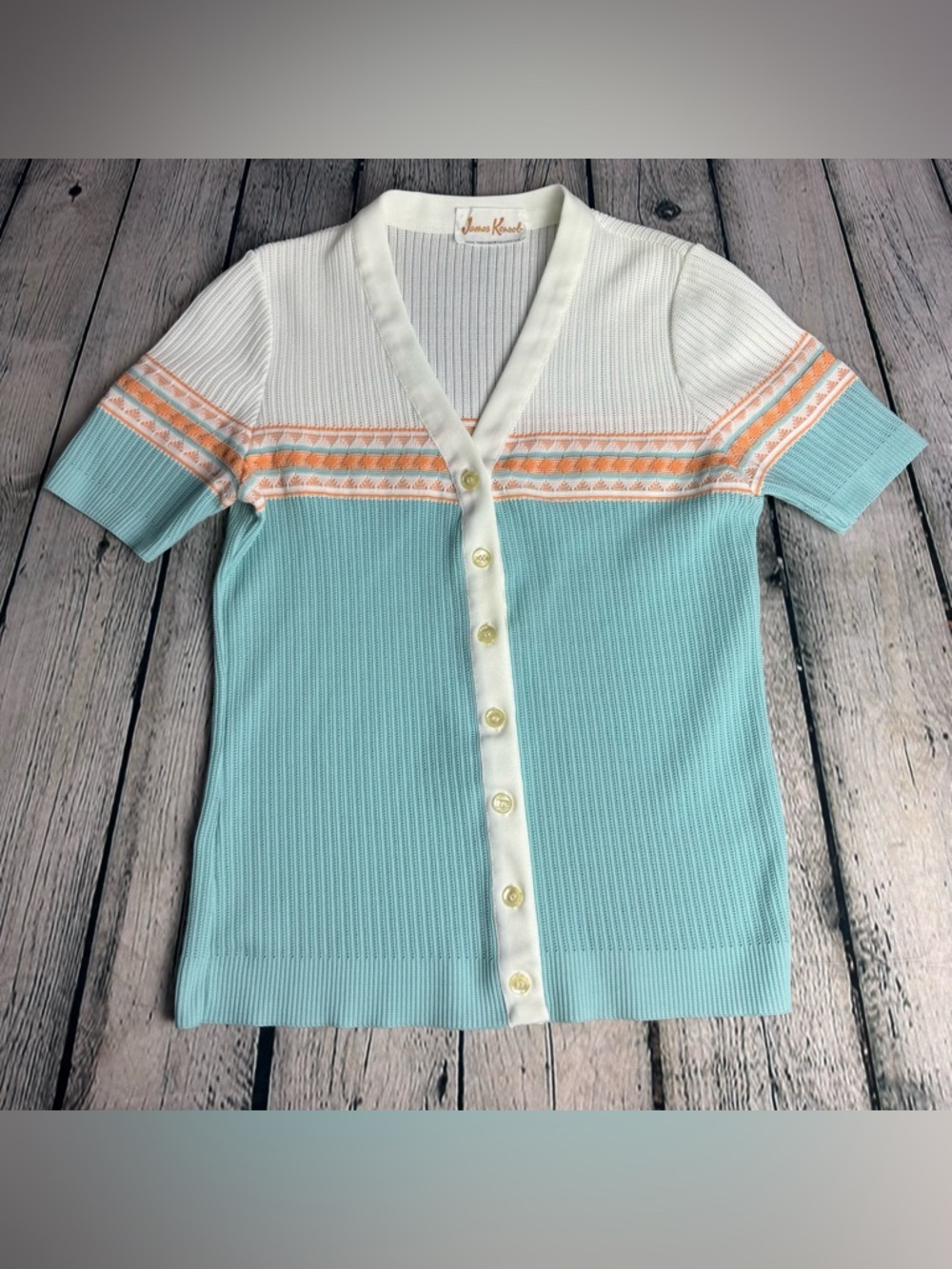 Vtg 70s James Kenrob White Blue Orange Short Sleeve Cardigan Trevira Polyester